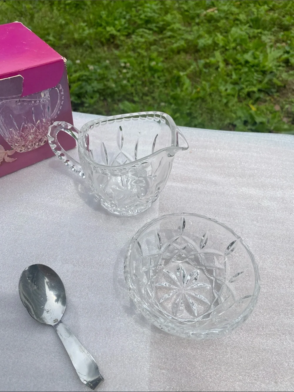 Crystal Gems 24% Lead Crystal Creamer Sugar Bowl Serving Spoon Original Box 1970